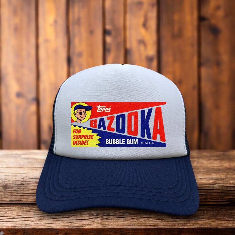 Bazooka Gum Mens Trucker Hat Navy Snapback 60s Topps Vintage Food Drink Ball Cap